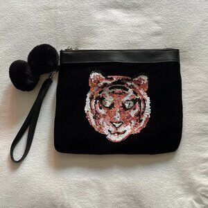 Oversize Black ‘Velvet’ Tiger Clutch Purse 11” x 10”